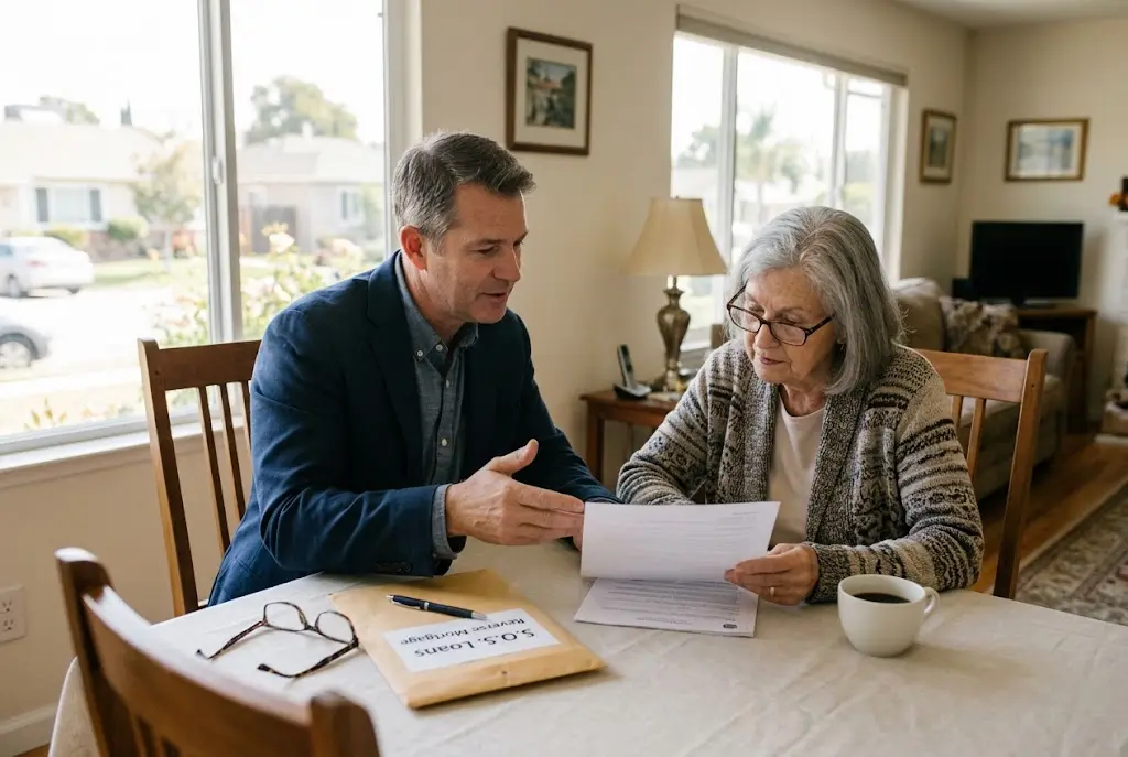 Mortgage broker guiding a senior homeowner through reverse mortgage application documents