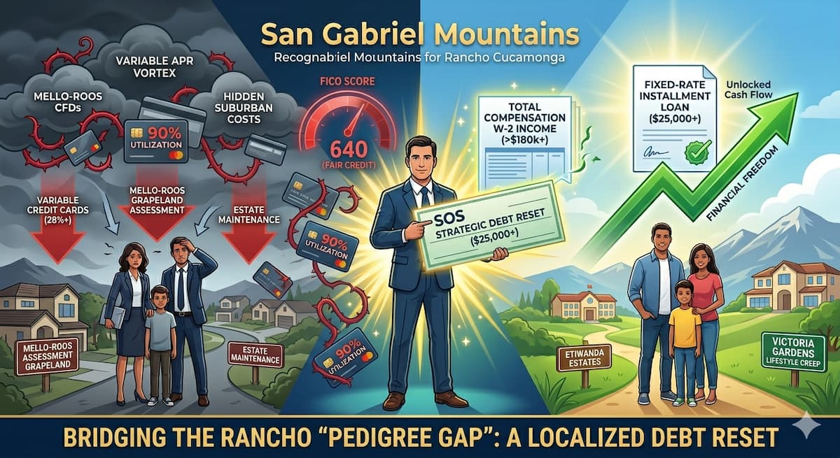 Infographic of Rancho neighborhoods Etiwanda and Victoria Gardens shadowed by variable APR debt, transitioning to a fixed $25,000 SOS Loan and upward green financial arrow.